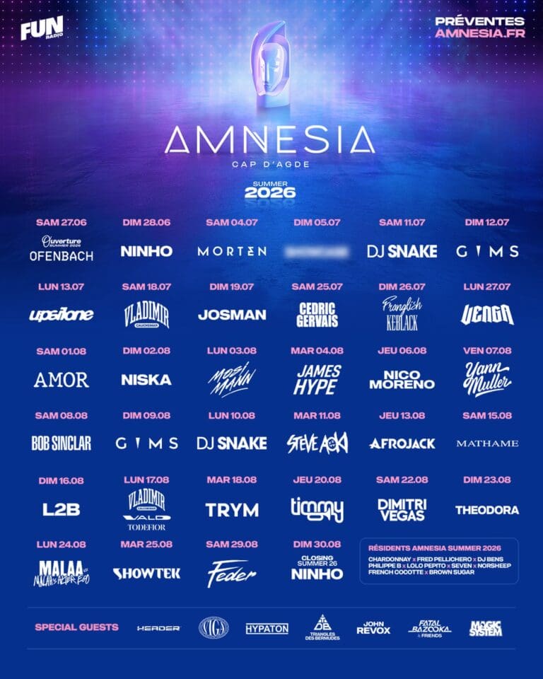 Amnesia Cap d'Agde 2026 : DJ, dates, programme