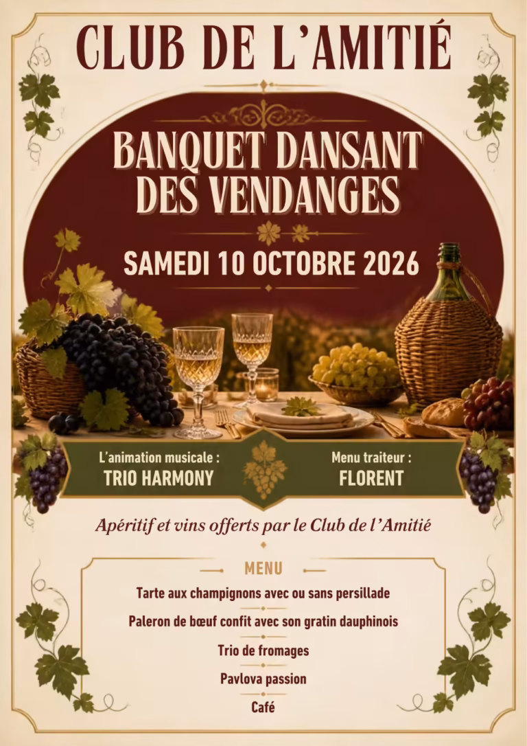 Affiche du banquet dansant des vendanges du Club de l'Amitié à Bouzigues