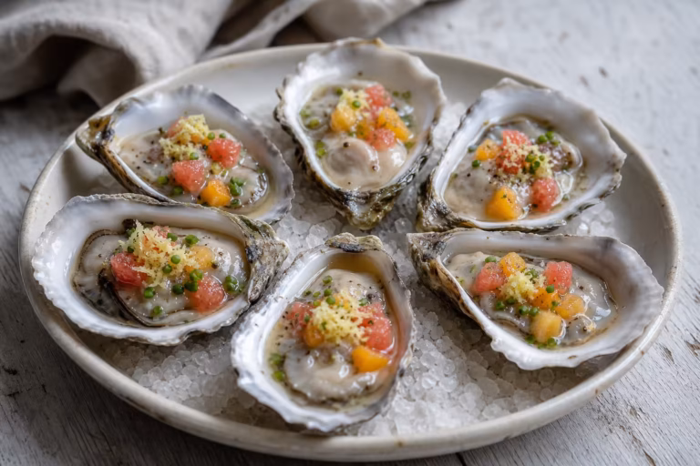 Huîtres en ceviche garnies de dés d'agrumes et de gingembre râpé