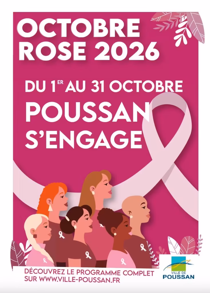 Affiche Octobre Rose 2026 à Poussan, du 1er au 31 octobre : Poussan s'engage