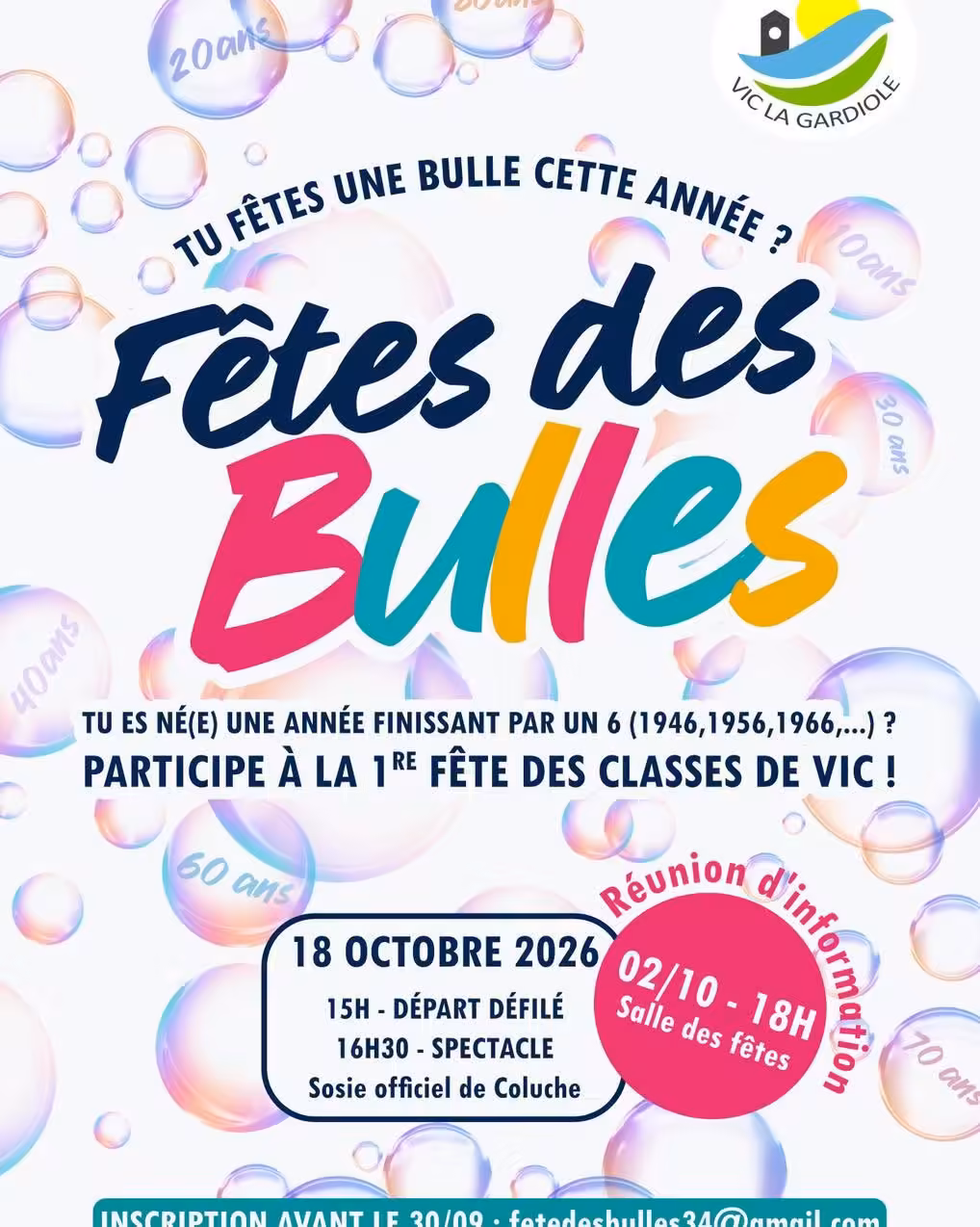 Affiche De La Fete Des Bulles Premiere Fete Des Classes De Vic La Gardiole Le 18 Octobre Affiche de la Fête des Bulles, première fête des classes de Vic-la-Gardiole, le 18 octobre 2026