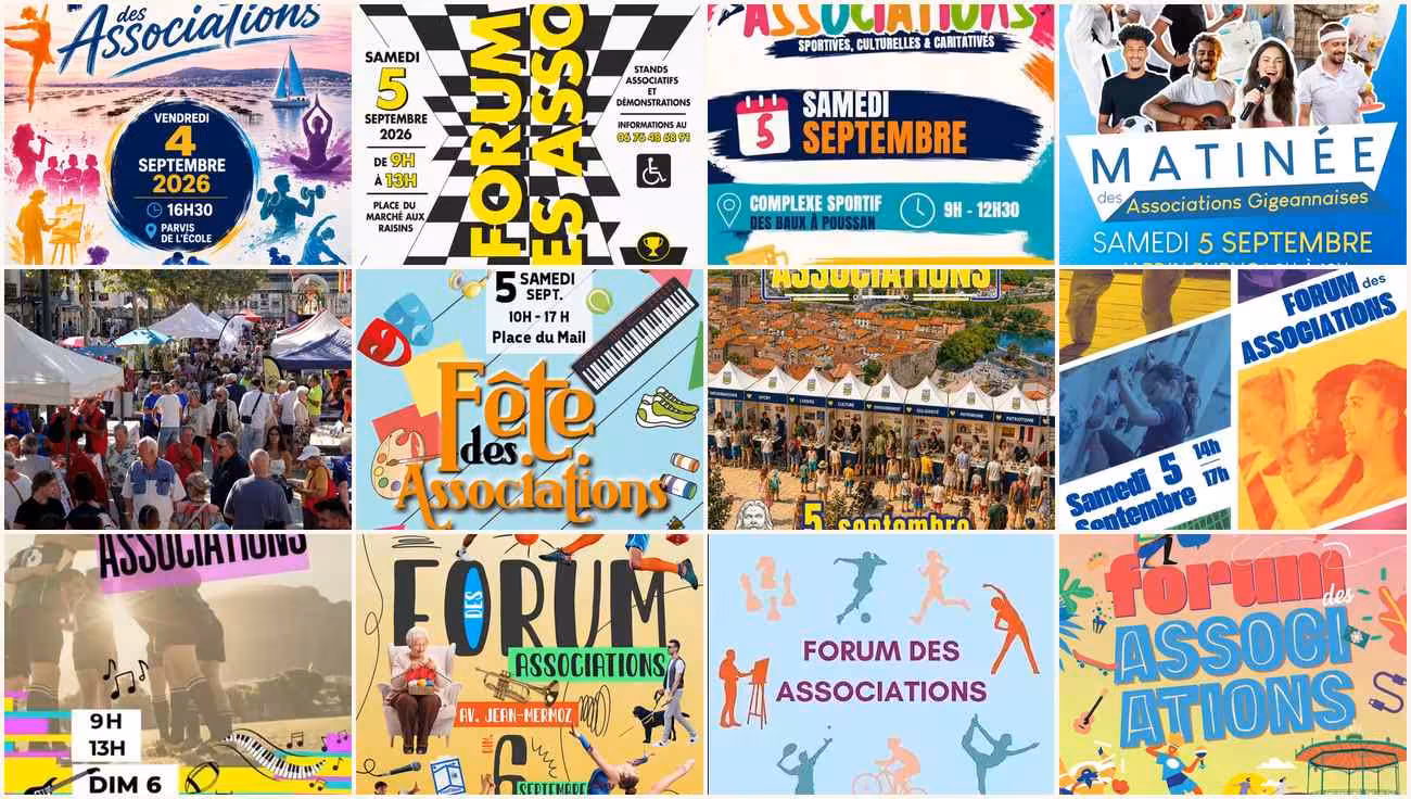 Mosaïque des douze affiches des forums des associations 2026 du Bassin de Thau