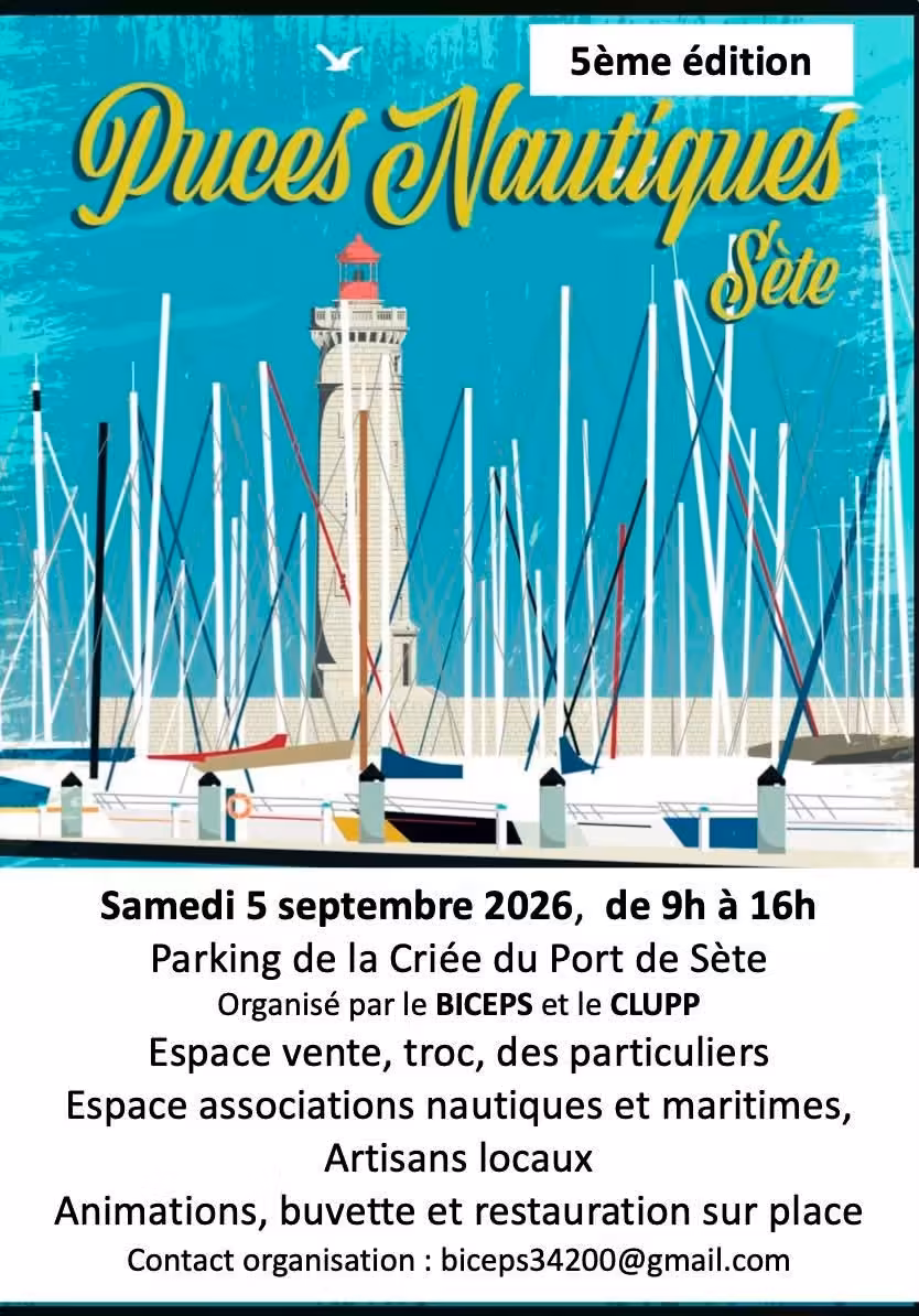 Affiche Des Puces Nautiques 2026 A Sete 5e Edition Le 5 Septembre Affiche des Puces Nautiques 2026 à Sète, 5e édition le 5 septembre