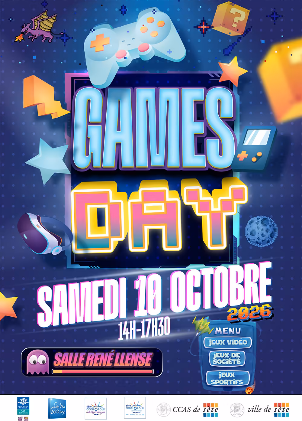 Games Day 2026 à Sète, une après-midi autour du jeu Affiche du Games Day 2026, jeux vidéo, jeux de société et jeux sportifs à la salle René Llense de Sète