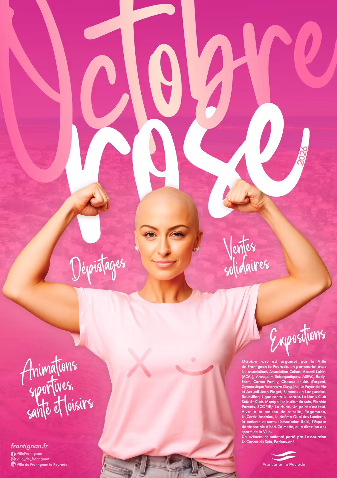 Affiche Octobre Rose 2026 à Frontignan la Peyrade : dépistages, ventes solidaires, expositions, animations sportives