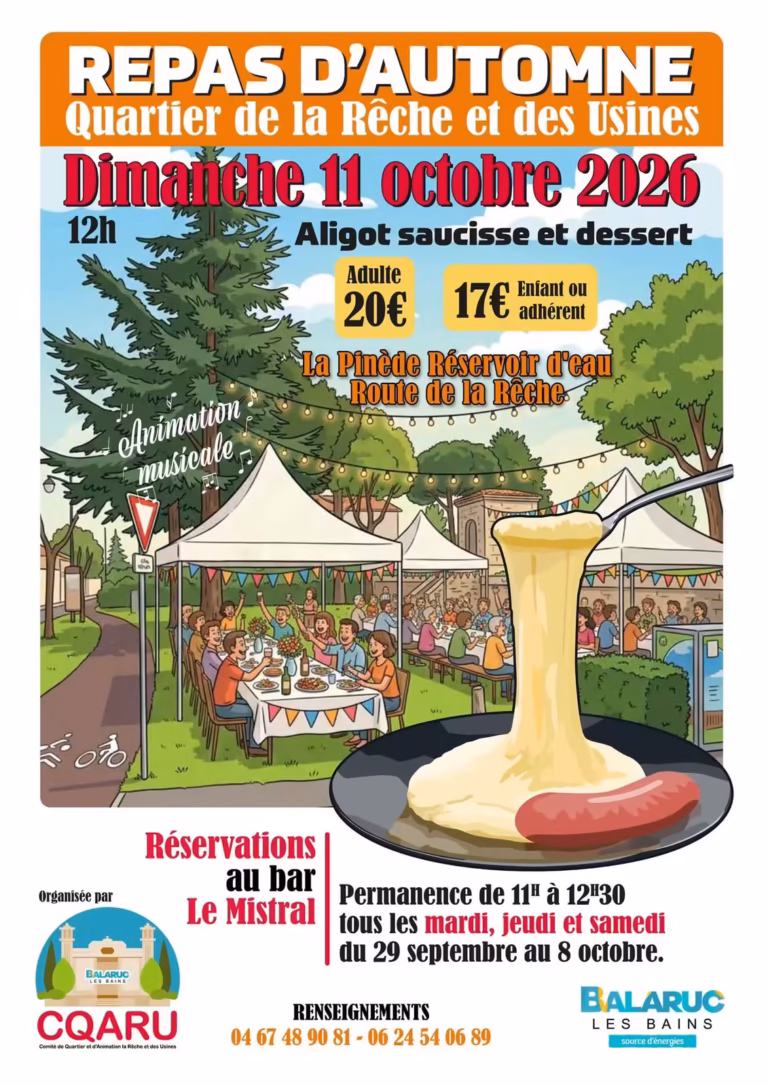 Affiche du repas d'automne du quartier de la Rêche et des Usines à Balaruc-les-Bains, aligot saucisse sous chapiteau