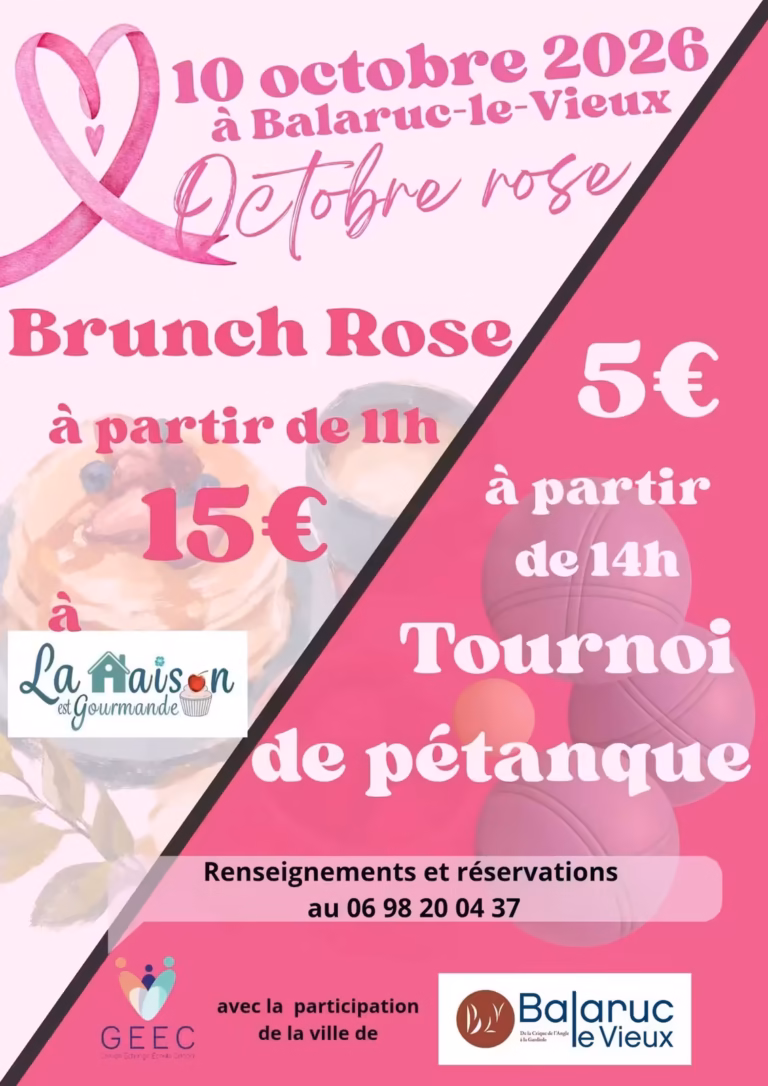Affiche du brunch rose et du tournoi de pétanque d'Octobre Rose à Balaruc-le-Vieux, samedi 10 octobre 2026