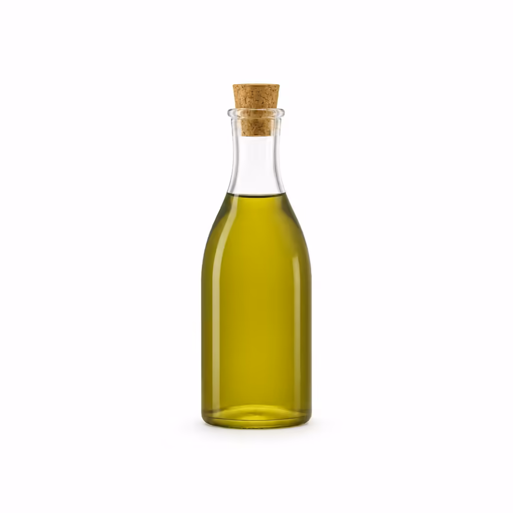 Flacon en verre d'huile de pistache vert doré sur fond blanc