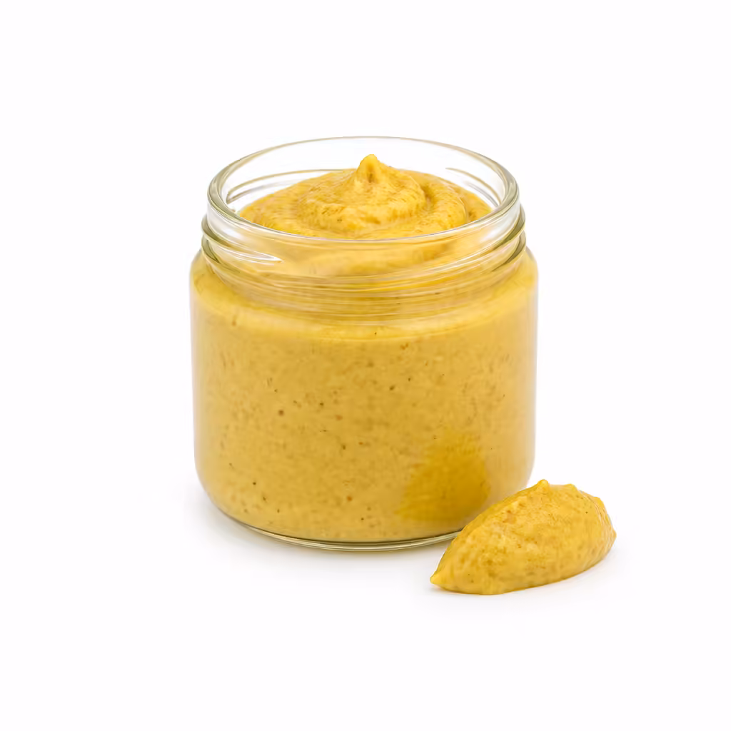 Pot En Verre De Moutarde Jaune Cremeuse Sur Fond Blanc Pot en verre de moutarde jaune crémeuse sur fond blanc