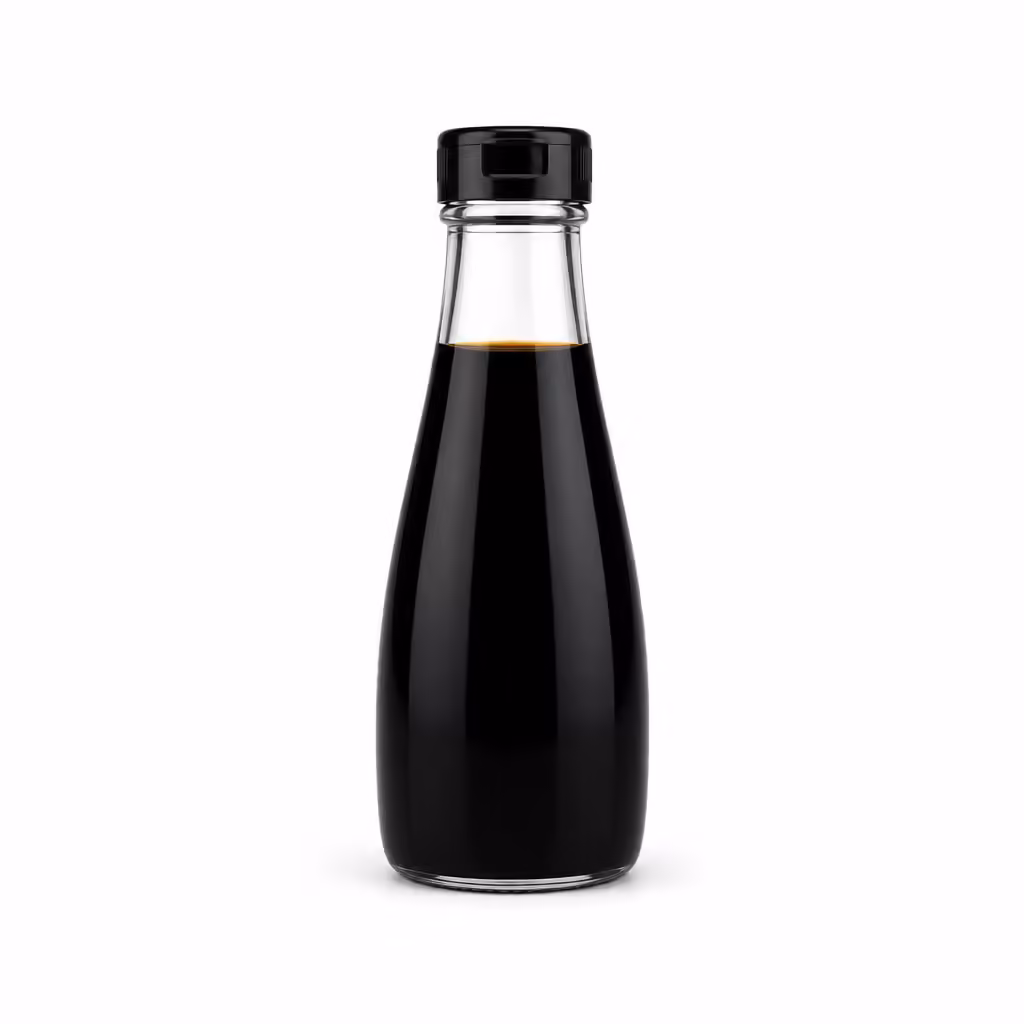 Flacon En Verre De Sauce Soja Brun Fonce Sur Fond Blanc Flacon en verre de sauce soja brun foncé sur fond blanc