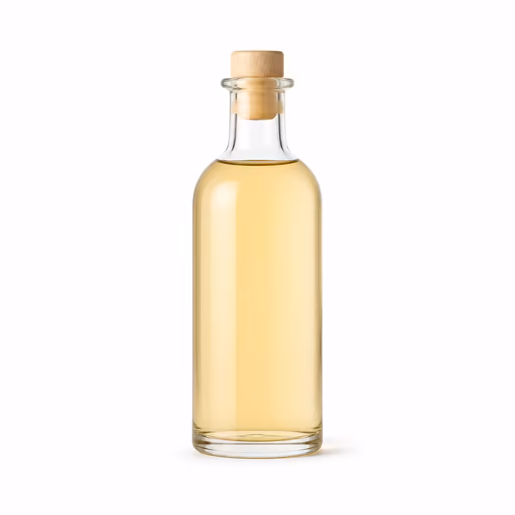 Flacon en verre de vinaigre balsamique blanc sur fond blanc