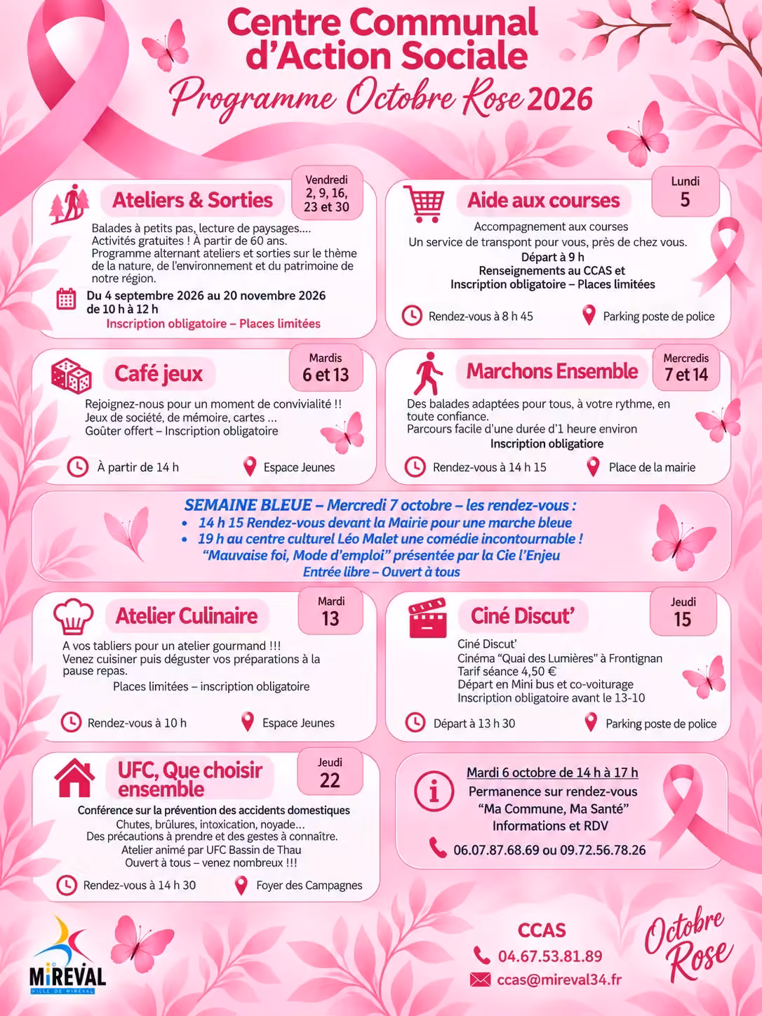 Programme Octobre Rose 2026 du CCAS de Mireval, balades, ateliers, café jeux et ciné