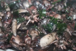 Supions enrobés de sauce à l'encre et de persil, prêts à être dégustés