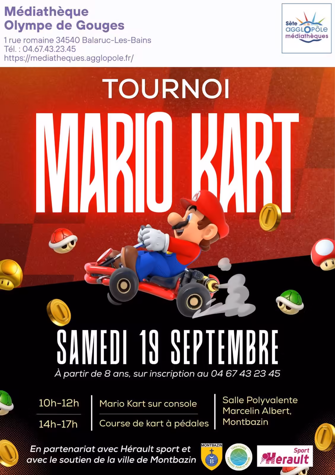 Affiche Du Tournoi Mario Kart De La Mediatheque Olympe De Gouges A Montbazin Le 19 Septembre Affiche du tournoi Mario Kart de la médiathèque Olympe de Gouges à Montbazin, le 19 septembre 2026