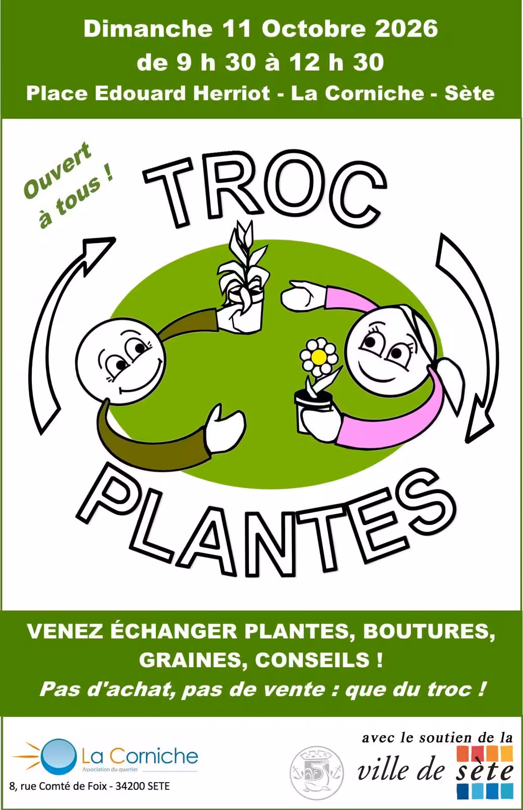 Affiche du Troc Plantes de La Corniche à Sète, place Édouard Herriot le 11 octobre 2026