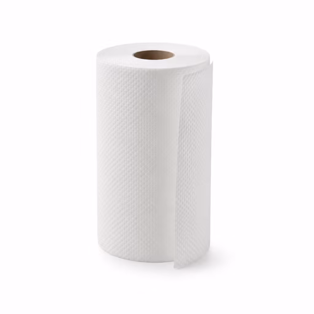 Rouleau de papier absorbant essuie-tout blanc gaufré sur fond blanc