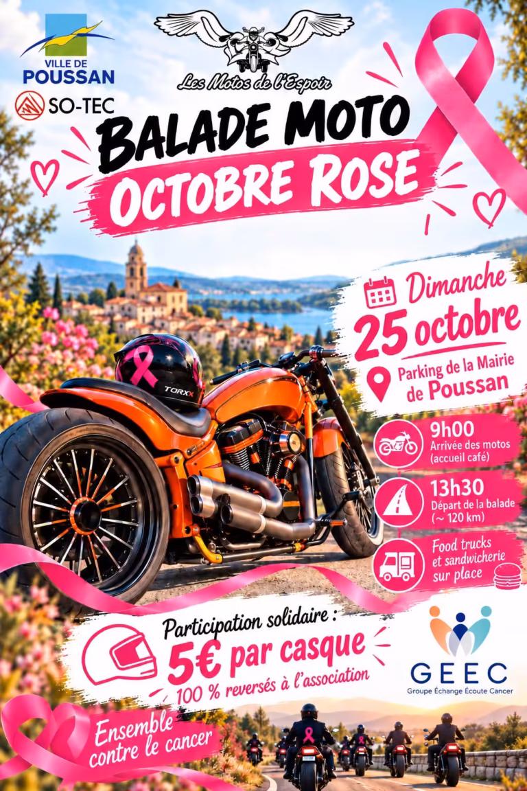 Affiche de la balade moto Octobre Rose à Poussan avec Les Motos de l'Espoir