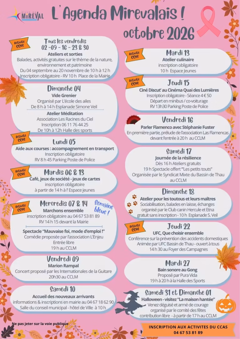 L'Agenda Mirevalais d'octobre 2026, programme des animations à Mireval