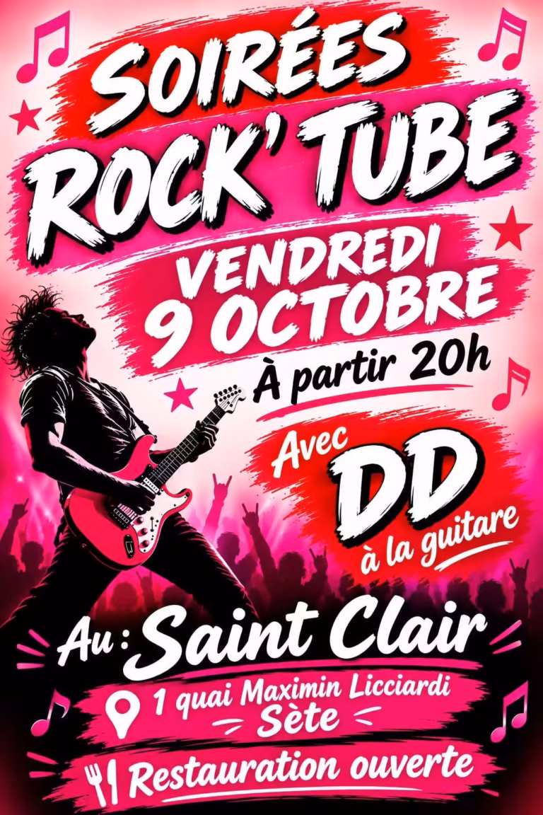 Affiche des soirées Rock'Tube du vendredi 9 octobre au Saint Clair à Sète, avec DD à la guitare